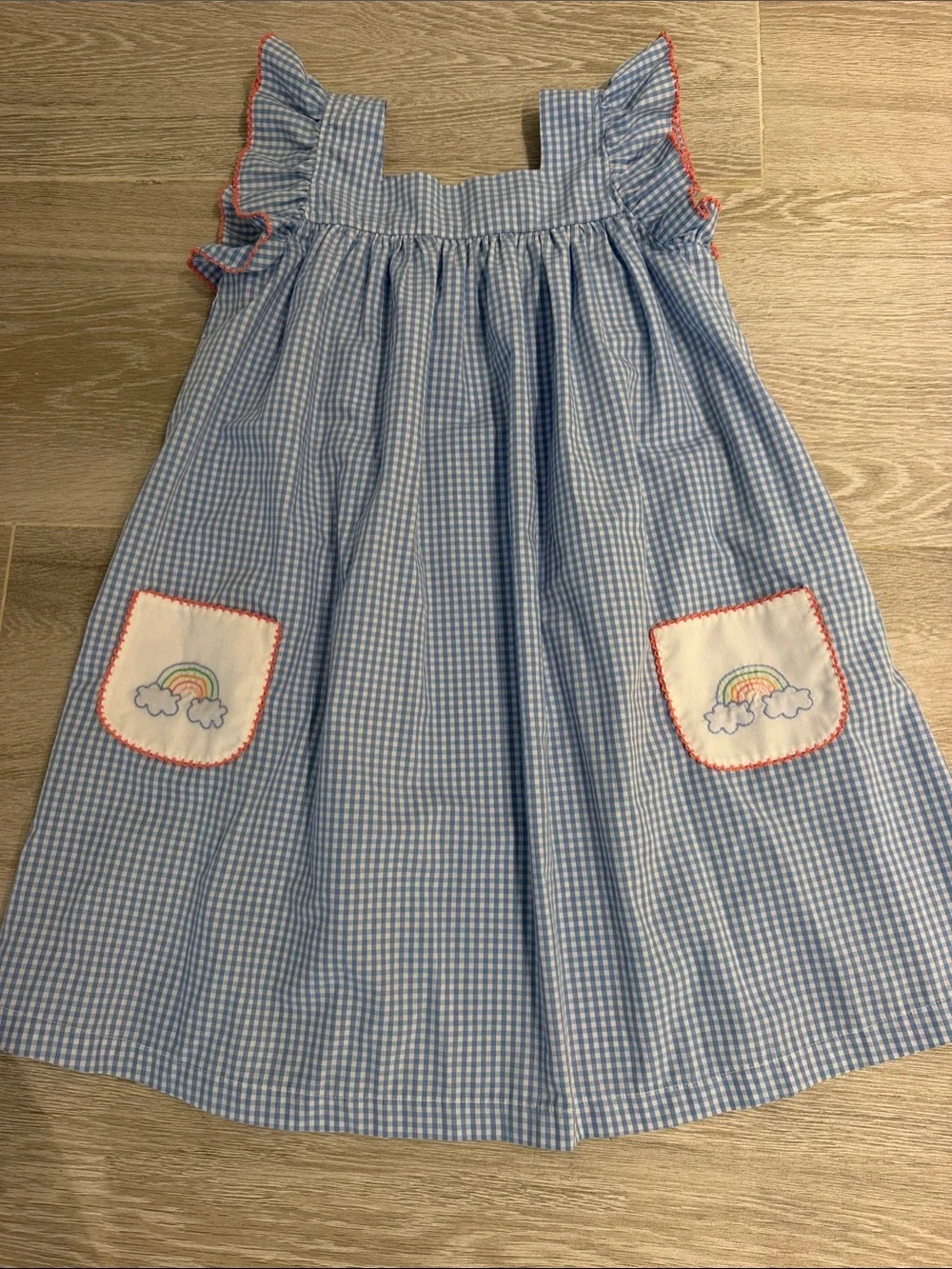 Girls Blue Gingham Rainbow Pocket Dress